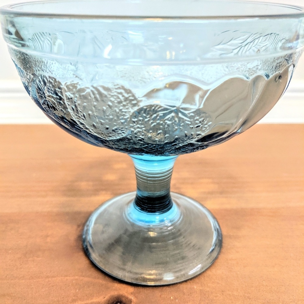 Aqua blue fruit embossed small pedestal bowl